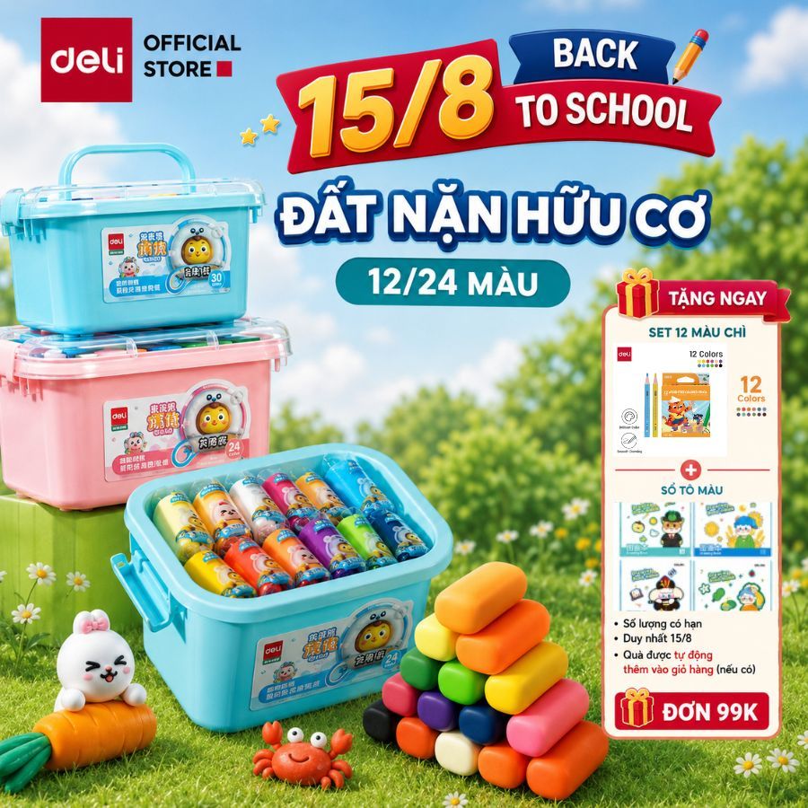 [Tặng Khuôn] Bộ đất nặn 12/24 Màu An Toàn Deli Đất Nặn Chất Liệu Hữu Cơ An Toàn Tặng Kèm Khuôn Nhựa Màu Sắc Tươi Sáng