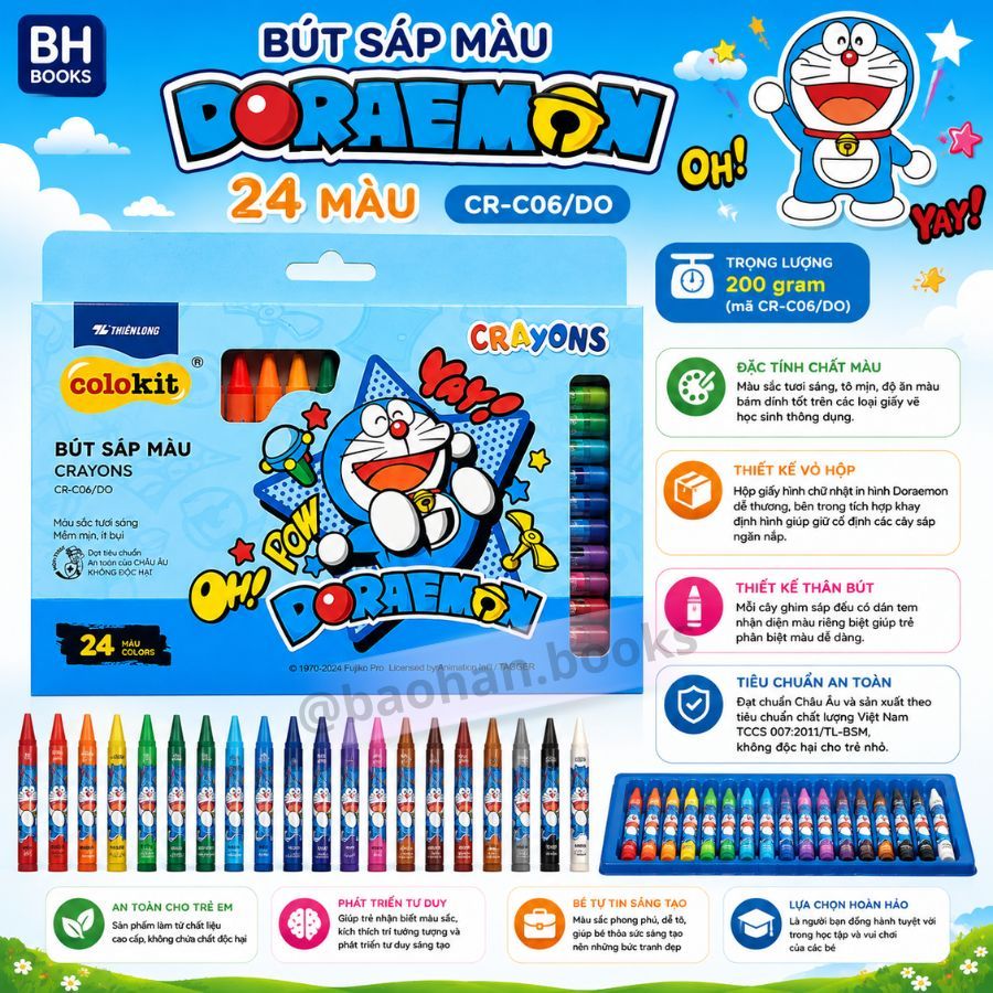 Bút Sáp màu Doraemon CR-C06/DO 10/16/24 màu tươi sáng, an toàn cho bé tô màu