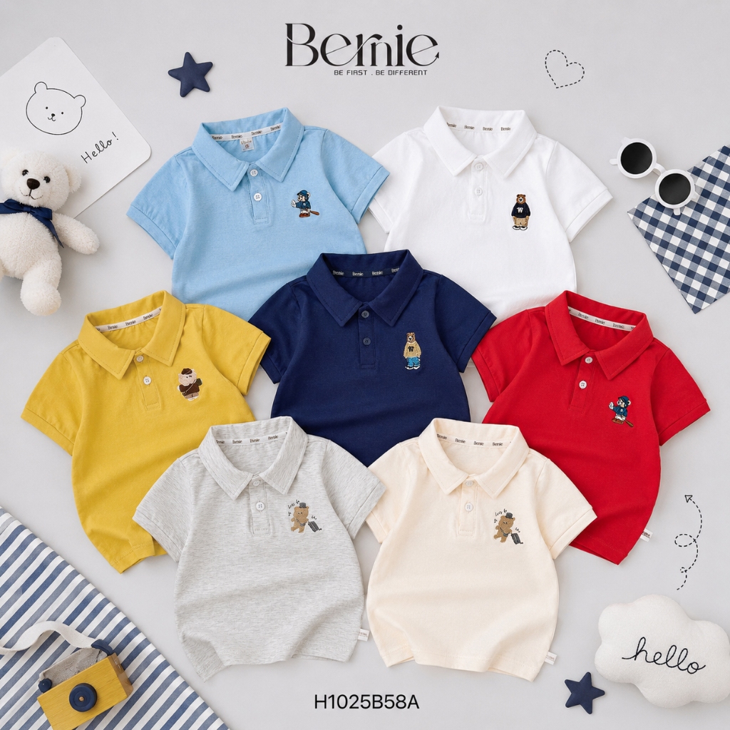 Áo polo cộc tay bé trai Bernie thêu Gấu cực xinh - Áo cộc tay bé trai 9-26kg - H1025B58ĐA