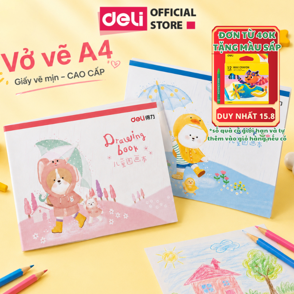 [MUA 3 GIẢM 30%] Vở Vẽ Học Sinh Tô Màu Cho Bé A4/B5 Deli 150Gsm - Sổ Tô Màu Sổ Vẽ học sinh Giấy Dày Mịn Chống Lóa