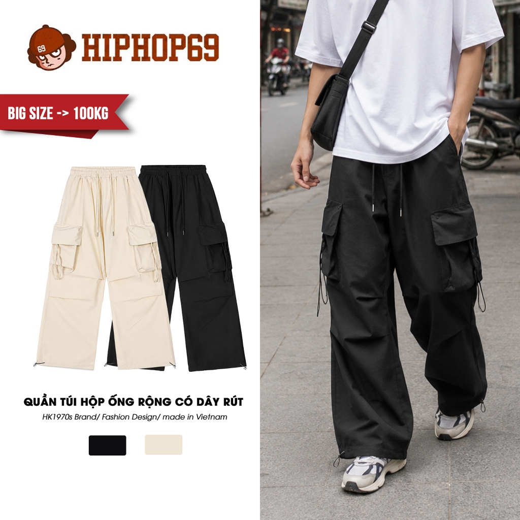 Quần Túi Hộp Nam Nữ Vải Dù Có Dây Rút Unisex, Quần Ống Rộng Phong Cách Hiphop Đường Phố Q130