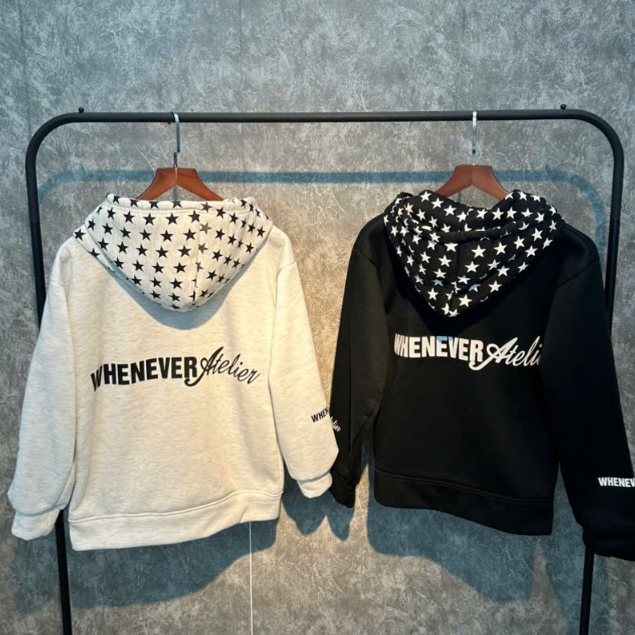 Áo khoác nỉ Hoodie in lưng + in tay Whenever, mũ 2 lớp in ngôi sao, kiểu dáng trẻ trung, phong cách boy phố