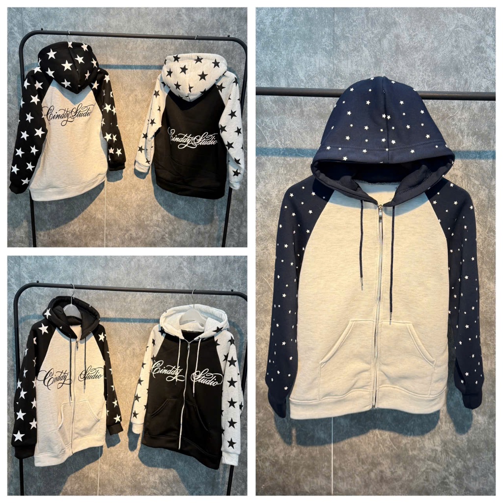 Áo nỉ hoodie kéo khoá GIÁP LĂNG IN HÌNH NGÔI SAO, chất liệu nỉ cotton tàu, kiểu dáng trẻ trung năng động fom từ 40-78kg