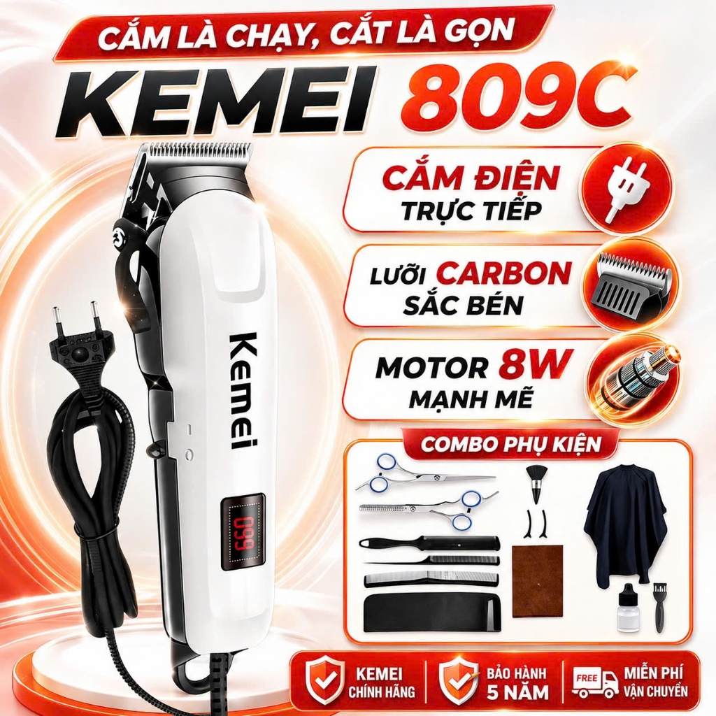 Tông Đơ, Tăng Đơ Cắt Tóc Nam Có Dây Kemei 809C, Máy Cắt Tóc Gia Đình, Trẻ Em, Chuyên Nghiệp, Cao Cấp