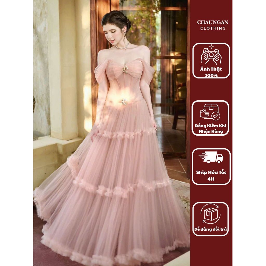 Đầm Maxi Dạ Hội Trễ Vai Corset Tơ Voan Xếp Tầng Đính Đá Dạ Hội Công Chúa Dáng Dài Hồng Pastel Sang Chảnh