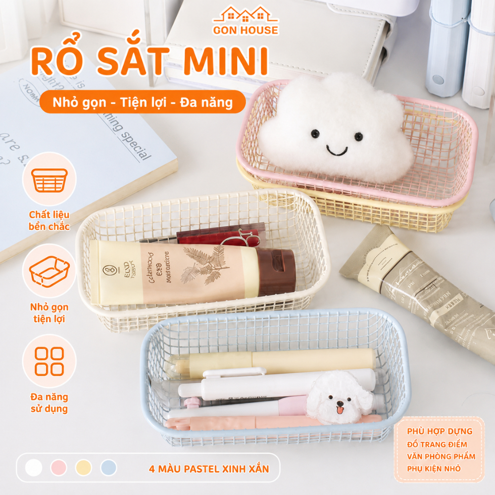 Rổ Sắt Mini Để Bàn GONHOUSE, Giỏ Lưới Đựng Bút Cọ Makeup Đa Năng Trang Trí Bàn Làm Việc Xinh Xắn