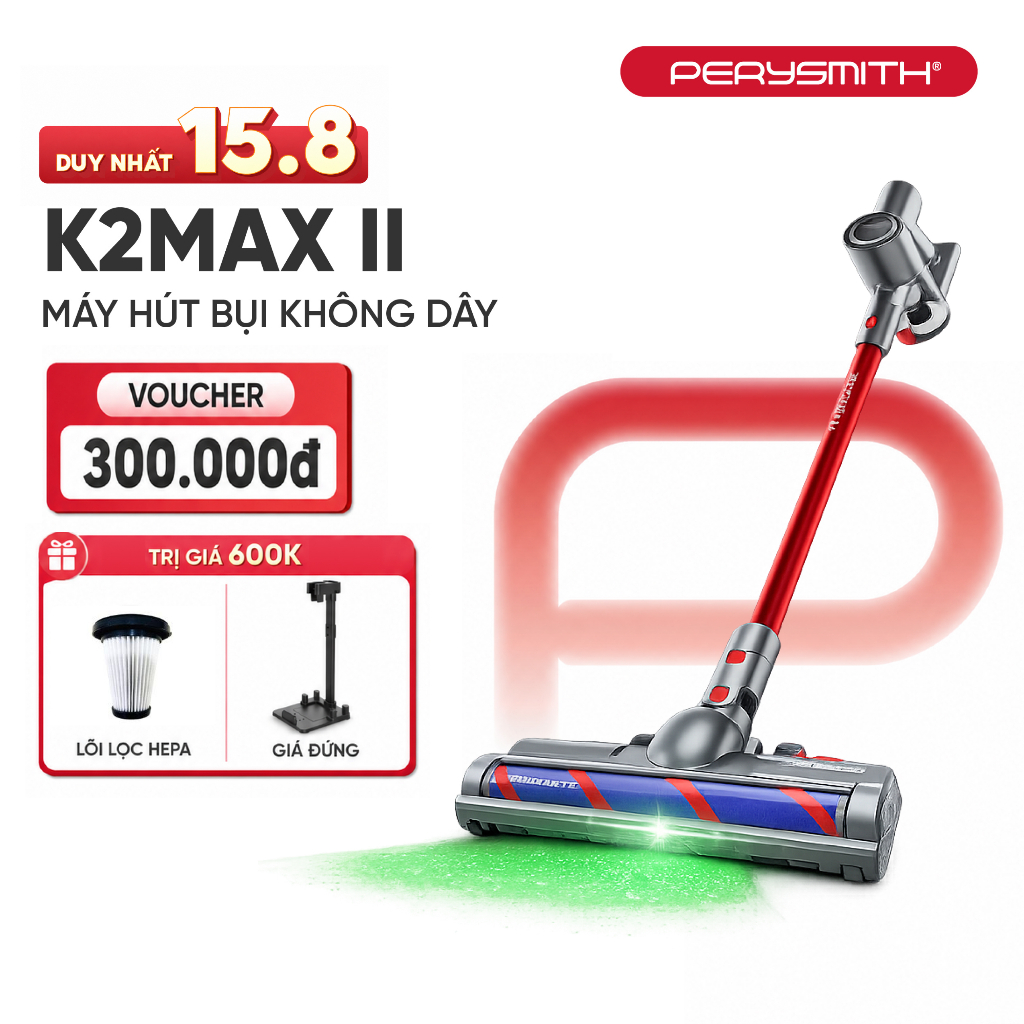 [N] Máy Hút Bụi Không Dây PerySmith K2MAX-II Lực Hút 26k PA, Đèn Xanh Soi Bụi, Gọn Nhẹ Chỉ 2.3kg | BigBuy360 - bigbuy360.vn