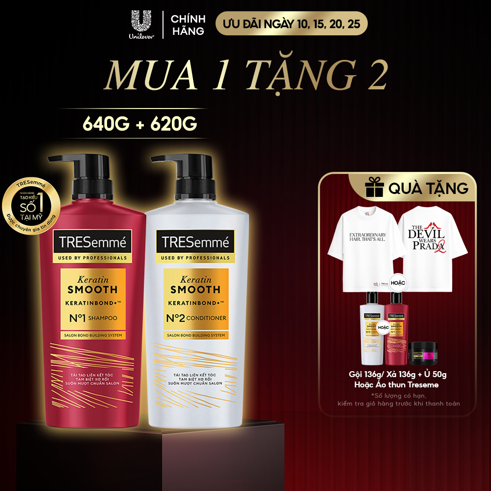 [Diện mạo mới] Combo Dầu Gội, Dầu Xả TRESemmé Keratin Smooth Keratinbond+ Cho Tóc Khô Xơ Rối Vào Nếp Suôn Mượt 640g,620g