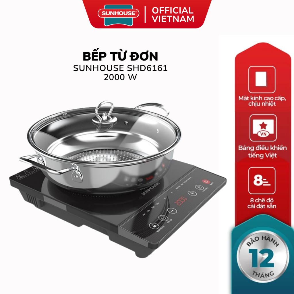 Bếp Điện Từ Đơn Sunhouse SHD6161 - Công Suất 2000W, Tặng Kèm Nồi Lẩu 28cm, Bảo Hành 12 Tháng