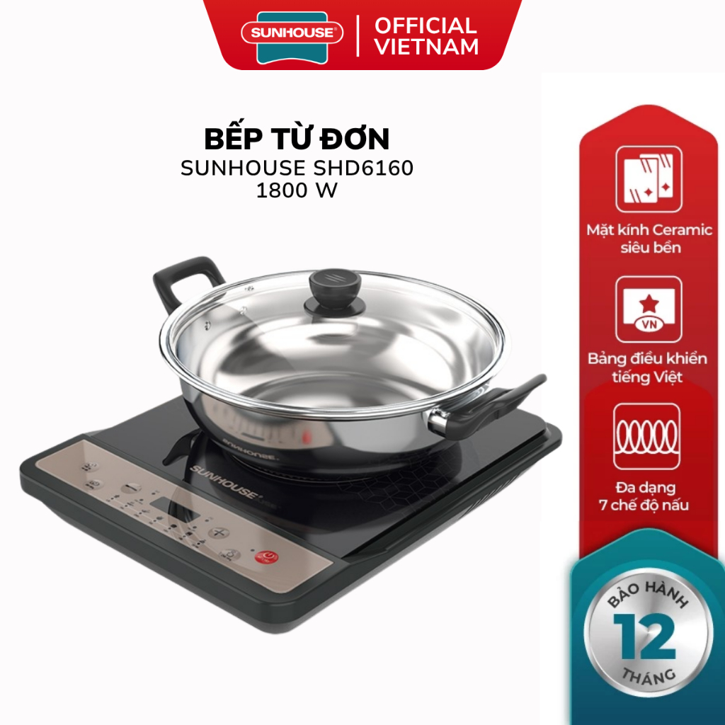 Bếp Điện Từ Đơn Sunhouse SHD6160 - Công Suất 1800W, Phím Bấm Cơ, Bảo Hành 12 Tháng