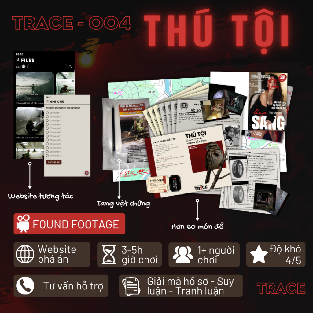 Game phá án tại nhà TRACE Thú Tội | Boardgame trinh thám 1+ người, 3-5 tiếng chơi, website hỗ trợ