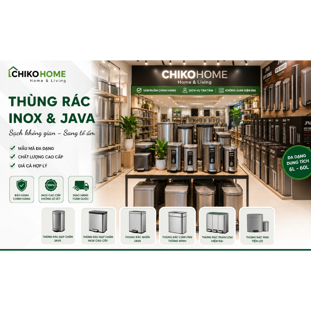 Thùng rác INOX thương hiệu Java, Fitis thanh lý móp nhẹ giảm giá từ 6 lít đến lớn Mega 40 lít