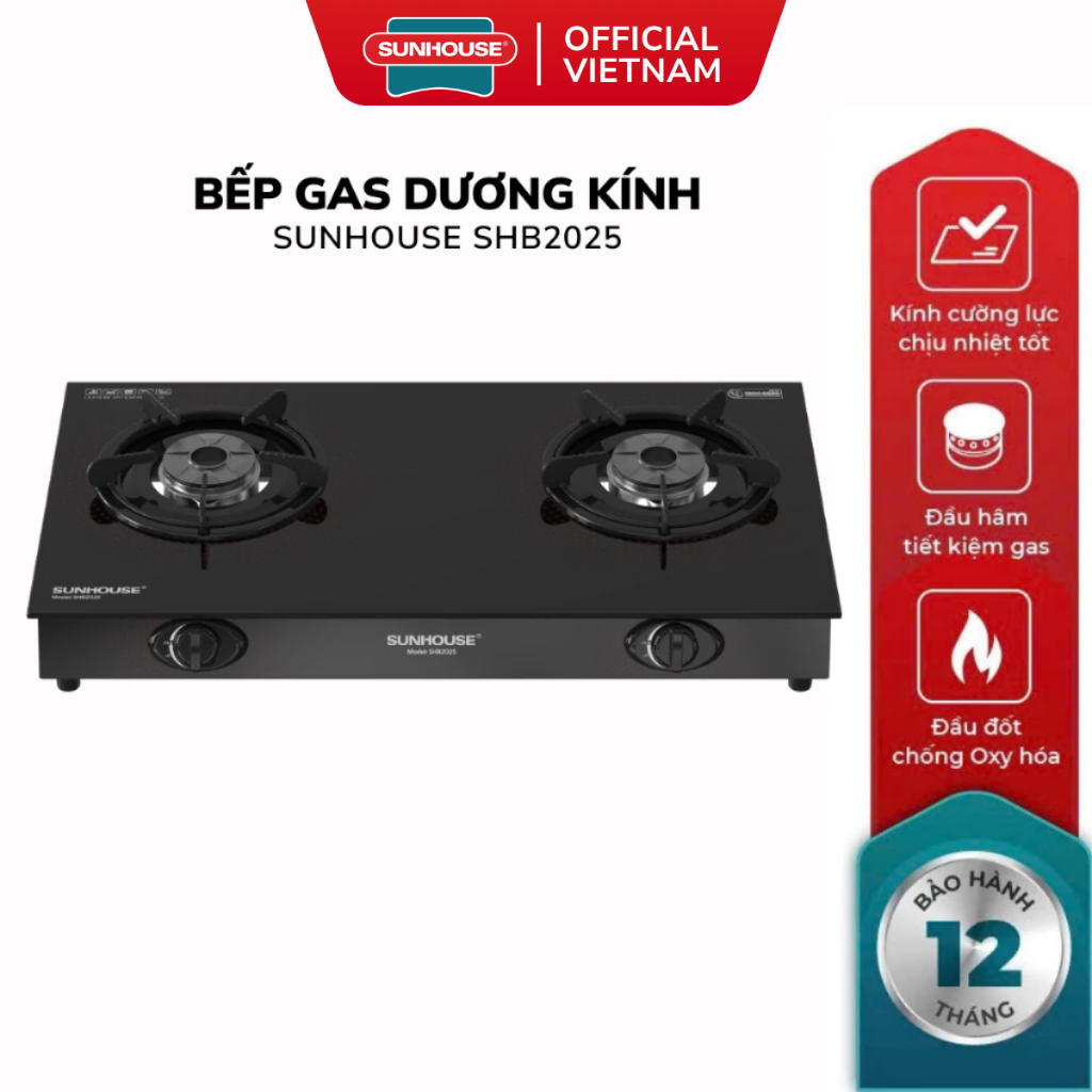 Bếp Gas Đôi Dương Kính Sunhouse SHB2025 - Bảo Hành 12 Tháng, Mặt Kính Cường Lực Toàn Phần Dày 7mm