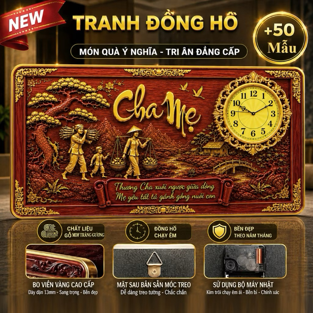 Đồng Hồ Treo Tường Kim Trôi "GIẢ KHUNG GỖ - VÀNG ĐỒNG " Trang Trí nhà cửa/ Phòng Khách/ Phòng Ngủ. Quà Tặng