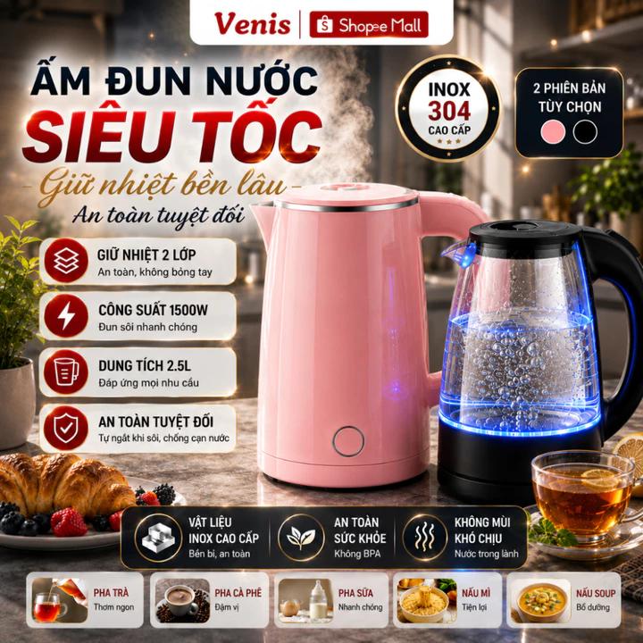 Ấm Đun Siêu Tốc 2.5L 1500W, Ấm Đun Nước Nhanh Tự Ngắt An Toàn, Tiện Dụng Cho Gia Đình