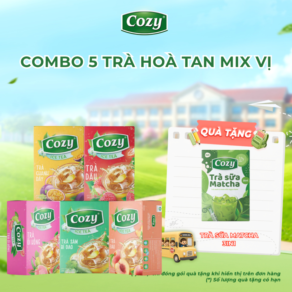[COMBO 5] Hộp Trà Cozy Hòa Tan (5 hộp x 16gói) Vị Trà Đào, Trà Vải, Ổi Hồng, Chanh Dây, Trà Chanh Giải Nhiệt Mùa Hè