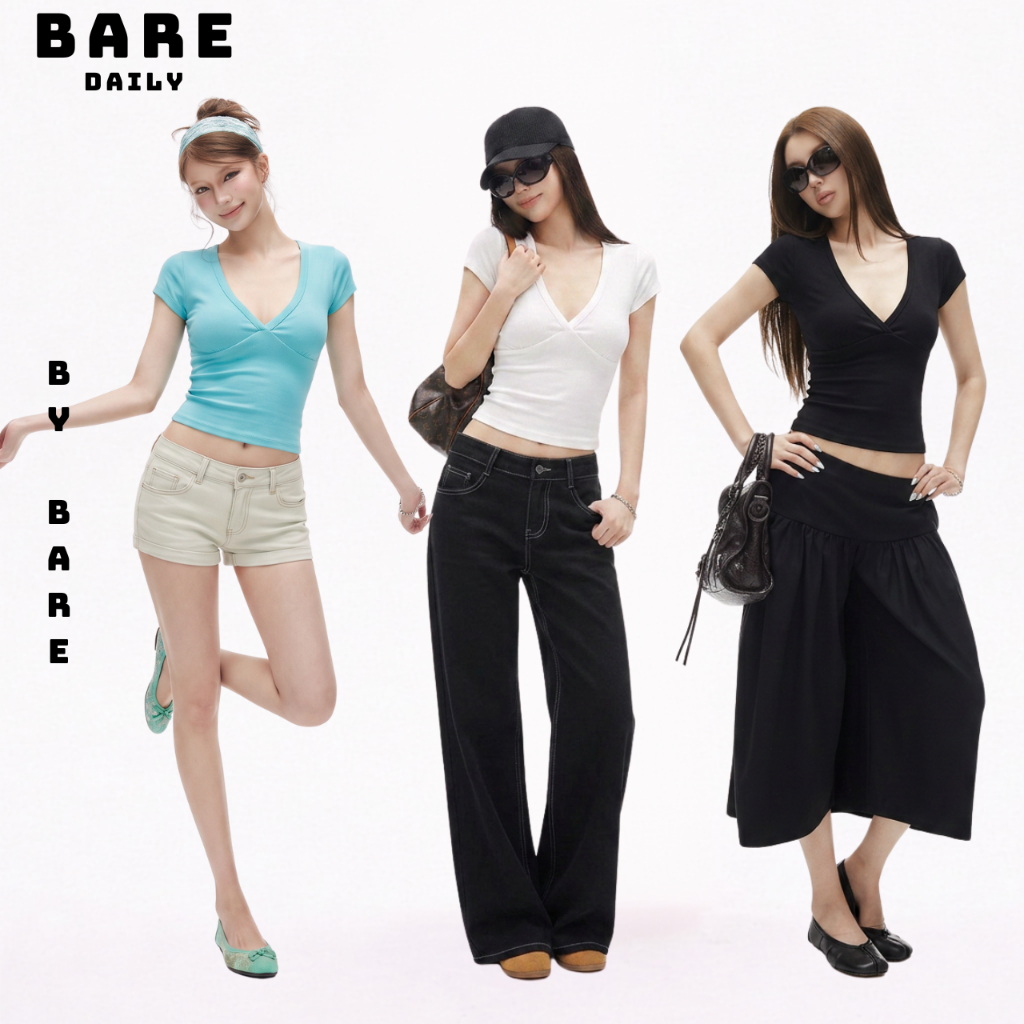 Áo Thun Nữ Cổ V Sâu Nhún Ngực Ôm Body Tôn Dáng_A866