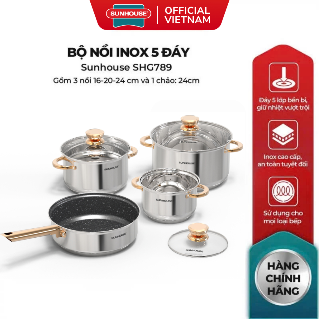 Bộ 3 Nồi Kèm 1 Chảo Inox 5 Đáy Sunhouse SHG789 - Thiết Kế Hiện Đại, Đáy Từ, Dùng Cho Mọi Loại Bếp