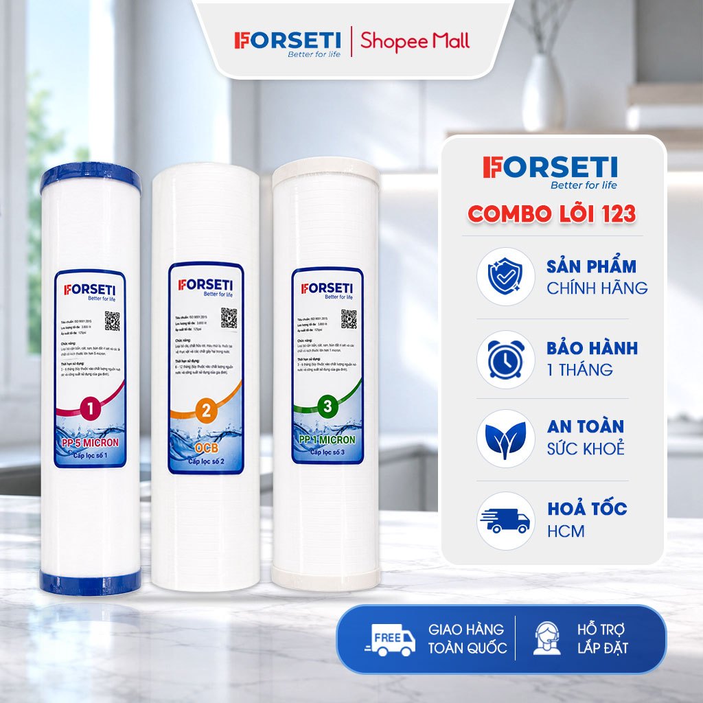 Bộ 3 Lõi Lọc Nước Forseti 123 Chính Hãng - Dùng Cho Máy RO Cốc Lọc Thô 10 Inch