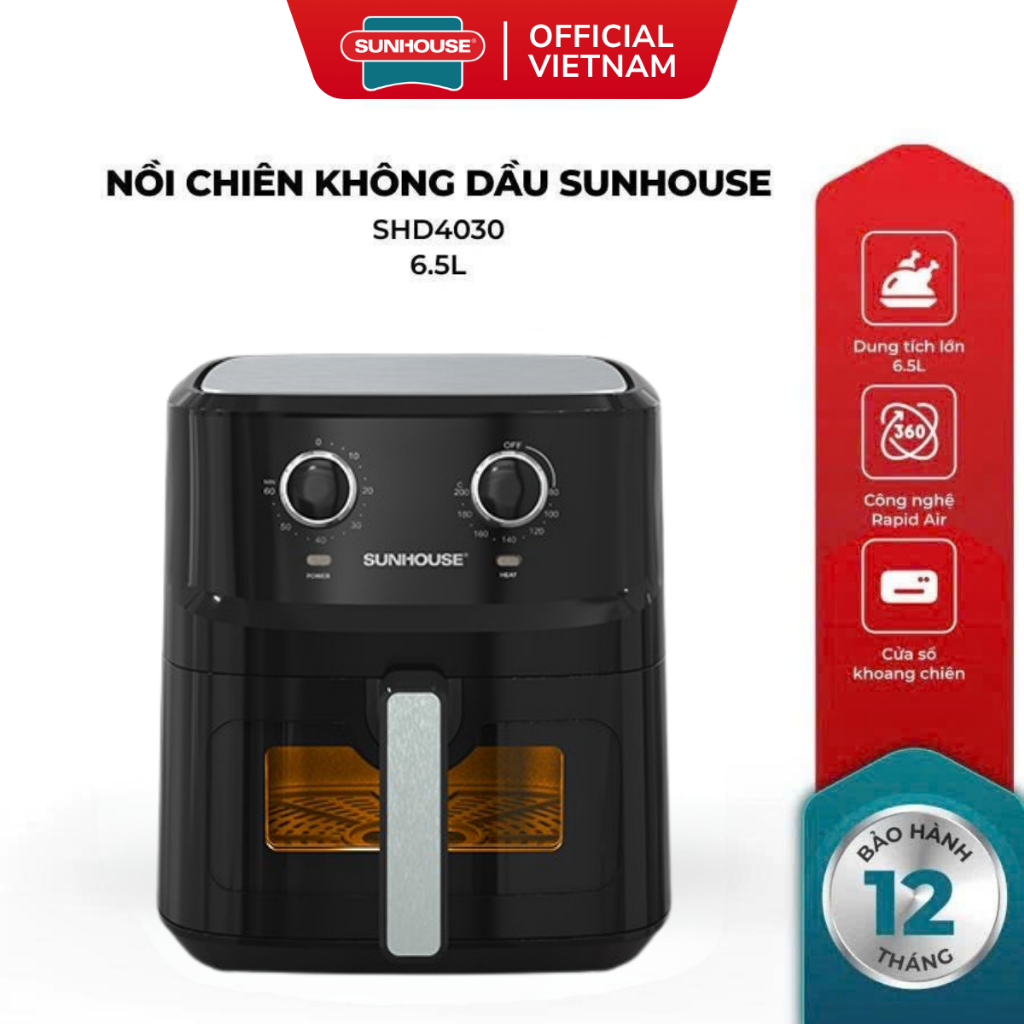 Nồi Chiên Không Dầu 6.5L Sunhouse SHD4030 - Cửa Sổ Khoang Chiên Trong Suốt - Bảo Hành 12 Tháng