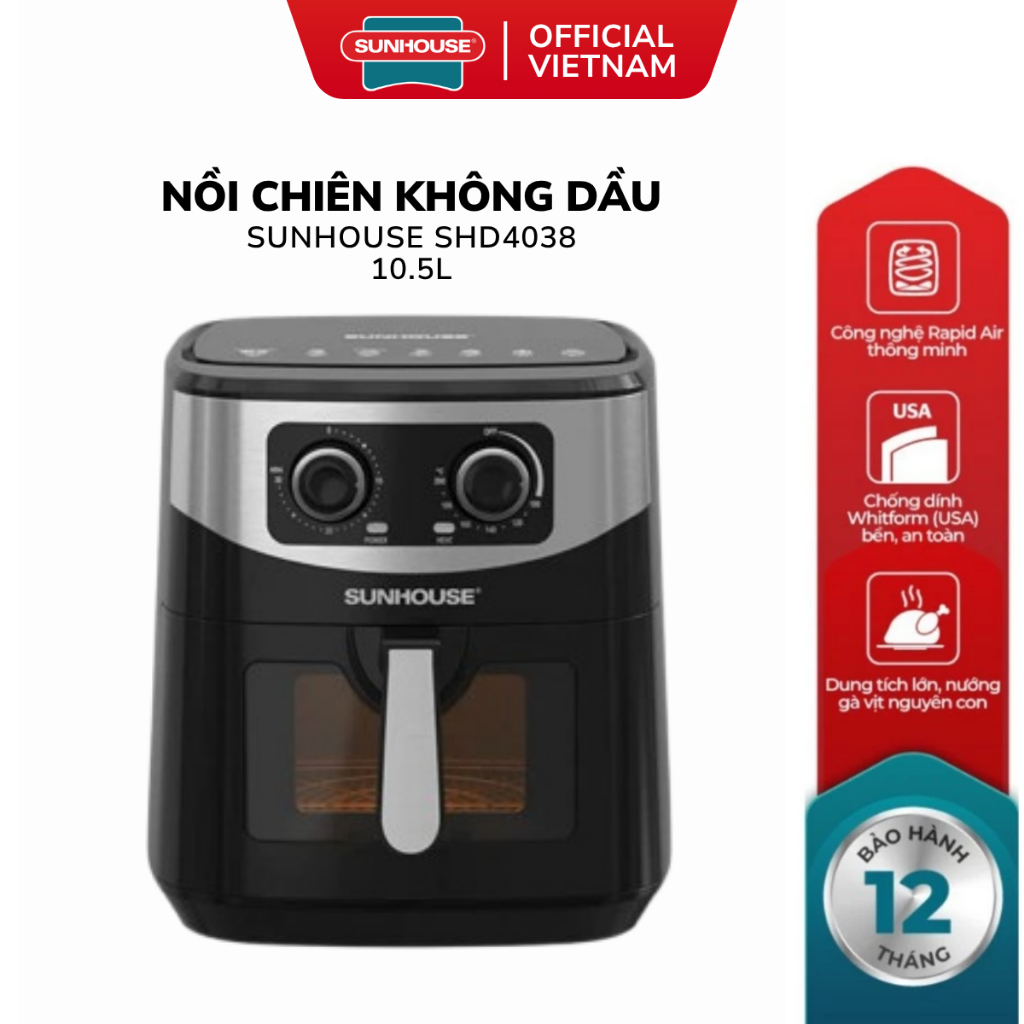 Nồi Chiên Không Dầu 10.5L Sunhouse SHD4038 - Công Nghệ Rapid Air 360 Độ, Bảo Hành 12 Tháng