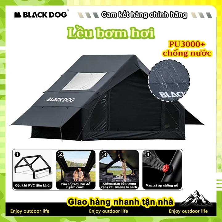 Blackdog Lều cắm trại khung bơm hơi Lều cắm trại bơm hơi Vải Oxford 15D lều chống nước với cấu trúc hai lớp ở phần mái