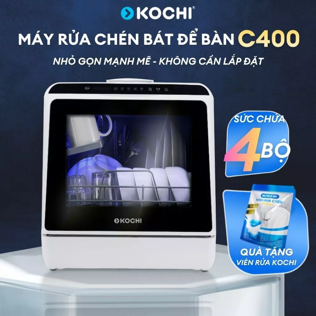 Máy rửa chén bát để bàn KOCHI C400 - sức chứa 4 bộ - Không lắp đặt - Rửa nước nóng áp suất cao -Sấy PTC - Lưu trữ 72 giờ