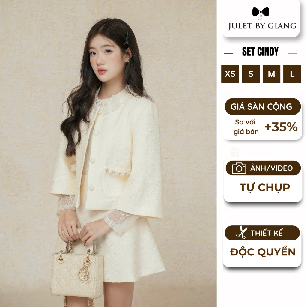 [JULETBYGIANG] Áo khoác dạ tweed Juletbygiang tiểu thư hàng thiết kế phối túi đá phối chân váy CINDY set đồ Tết