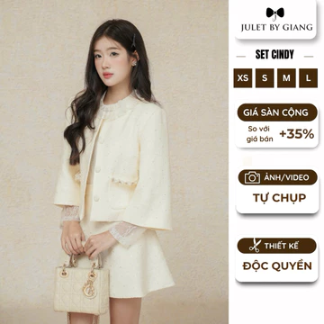 Áo khoác dạ tweed Juletbygiang tiểu thư hàng thiết kế phối túi đá phối chân váy CINDY set đồ Tết