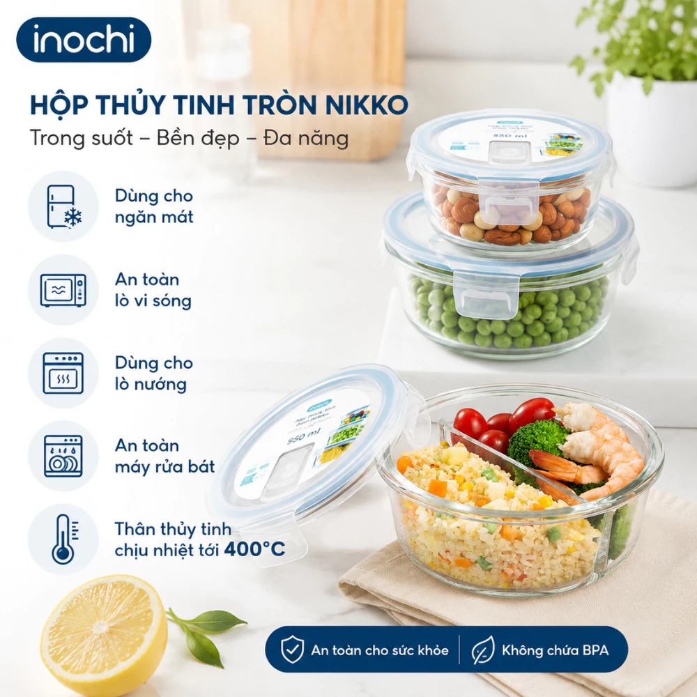 Hộp cơm Thủy Tinh CHIA NGĂN 2,3 ngăn, hộp thủy tinh đựng thức ăn NIKKO INOCHI chính hãng