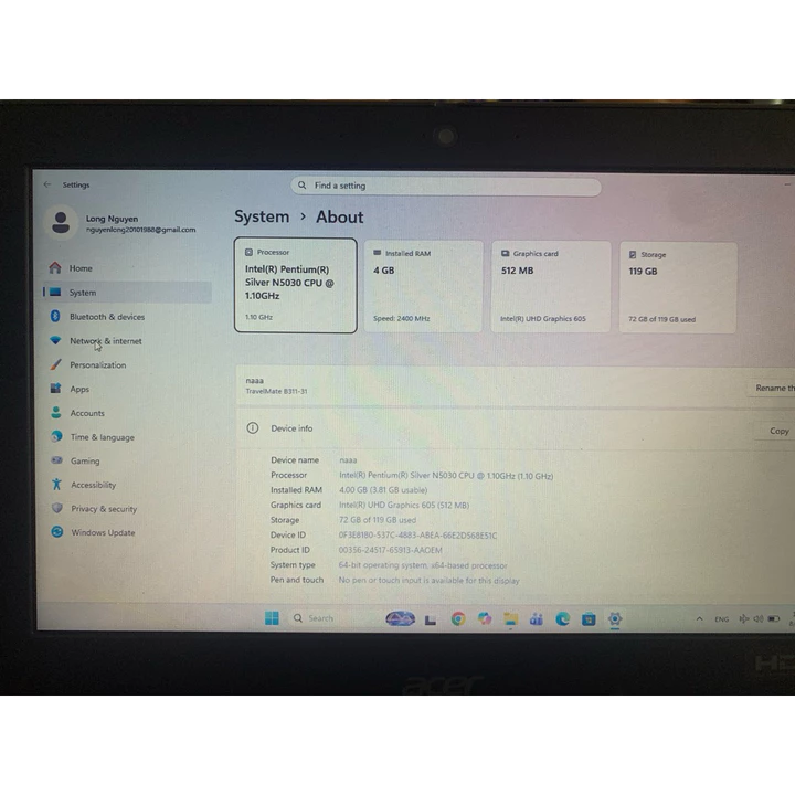 (o) laptop accer pentium cũ nhìn còn đẹp dùng tốt,win 11 home bản quyền theo máy