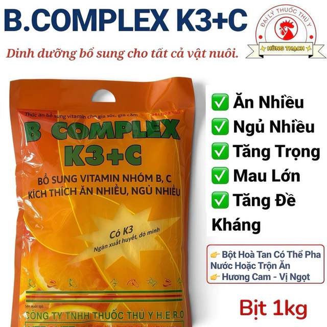 B complex K3 + C gói 1kg bổ sung vitamin B và C, K3 cho vật nuôi khoẻ