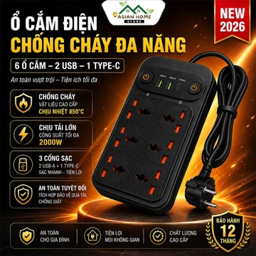 Ổ Cắm Điện Đa Năng 6 Ổ Cắm Chống Cháy Chịu Nhiệt 850 Độ Công Suất Tối Đa 2000W ,Chống Giật An Toàn