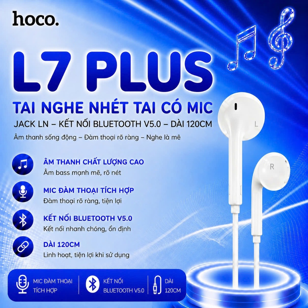 Tai nghe nhét tai Bluetooth LN có micro Hoco L7 PLUS dùng cho 14 trở xuống dây TPE siêu bền dài 1.2M