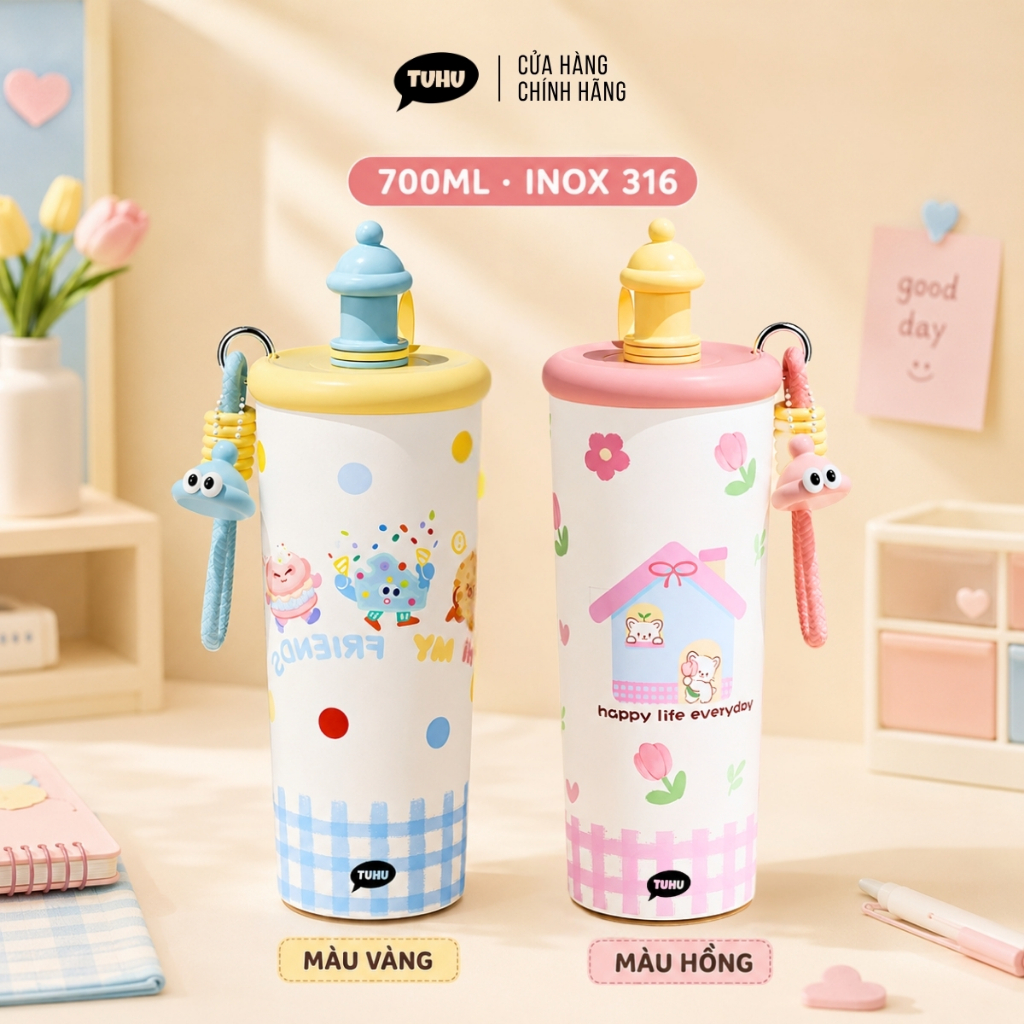 Ly giữ nhiệt BUBU 700ml có ống hút, bình giữ nhiệt inox 316 cao cấp thép không gỉ sét - TUHUHOUSE