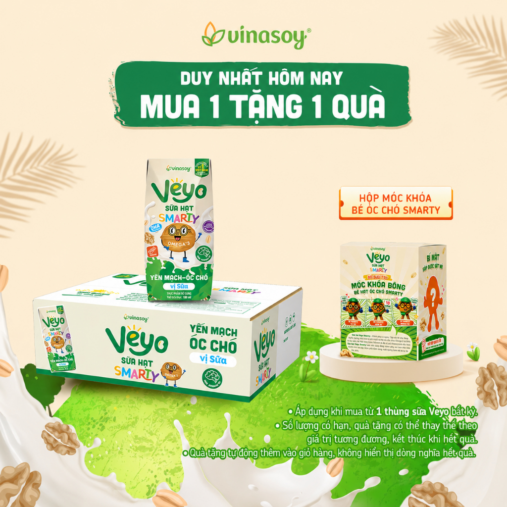 Thùng Veyo Sữa hạt SMARTY Yến mạch – Óc chó vị sữa (30 hộp x 180ml)