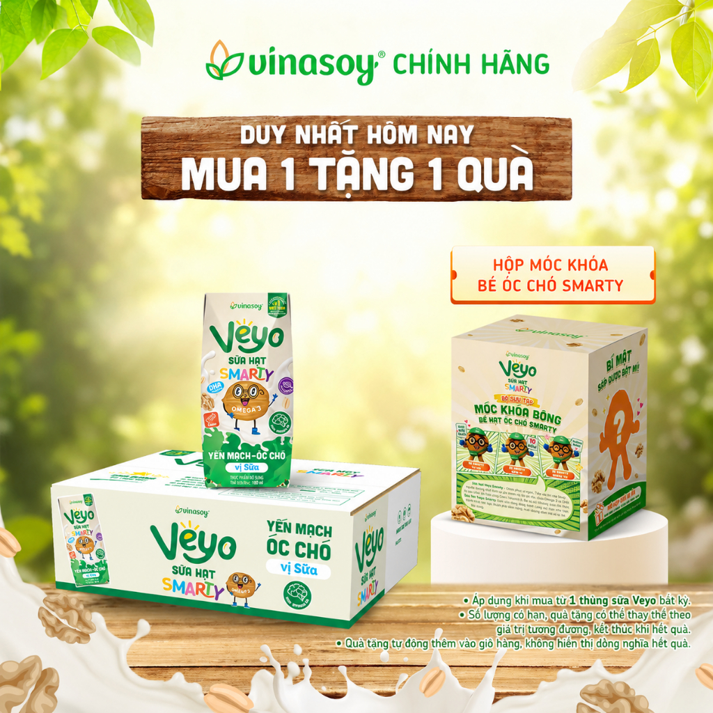 Sữa Hạt SMARTY Yến Mạch Óc Chó Dinh Dưỡng Veyo Cao Cấp Vị Sữa Thơm Ngon – Thùng 30 Hộp x 180ml