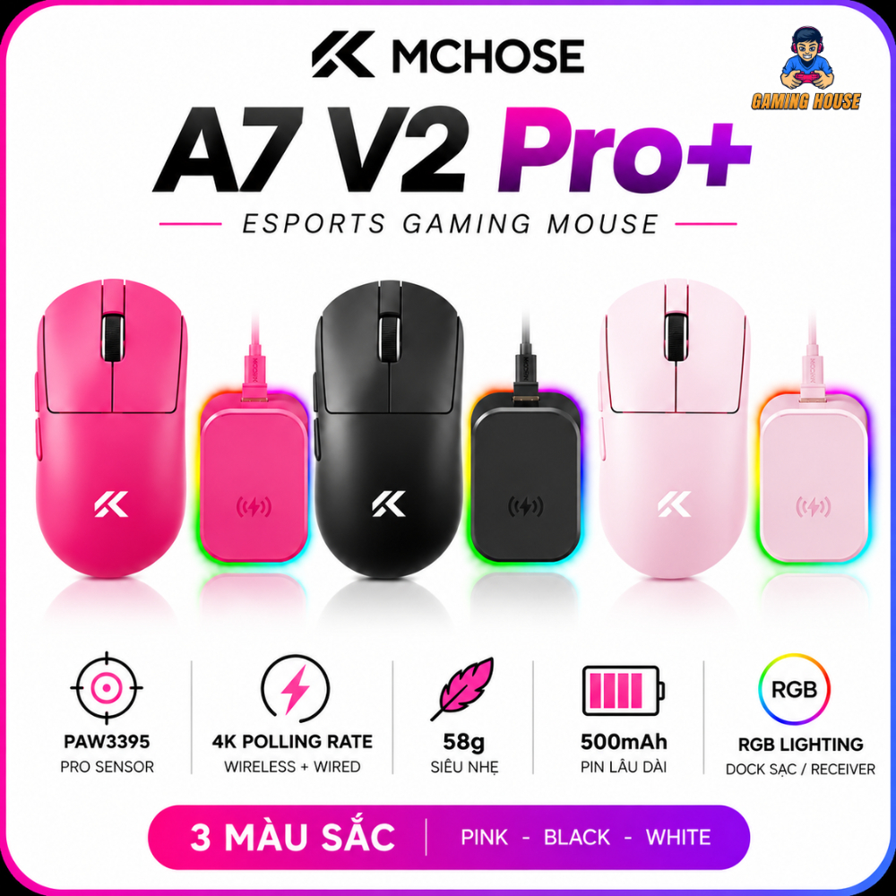 Chuột Gaming Không dây Bluetooth MChose A7 V2 Pro Plus - Chip PAW3395 - Dock sạc - 500mAh - RGB Lighting
