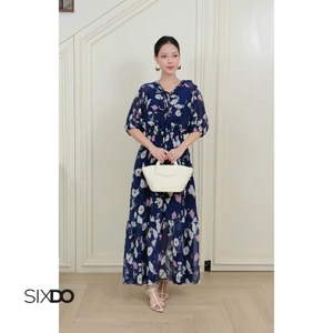 Đầm hoa xanh navy chiffon SIXDO (Navy Floral Chiffon Flared Dress)