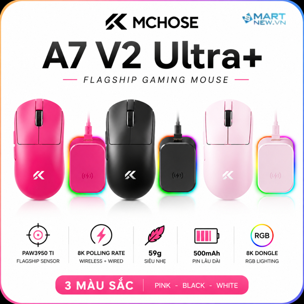 Chuột Gaming MCHOSE A7 V2 Ultra Plus Không Dây - PAW3950, 8000Hz, 26000 DPI, 3 chế độ kết nối