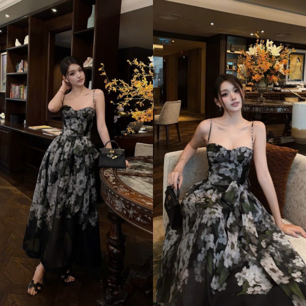 Đầm Dài Tự Tiệc Họa Tiết Hoa 2 Dây Sang Trọng Thanh Lịch