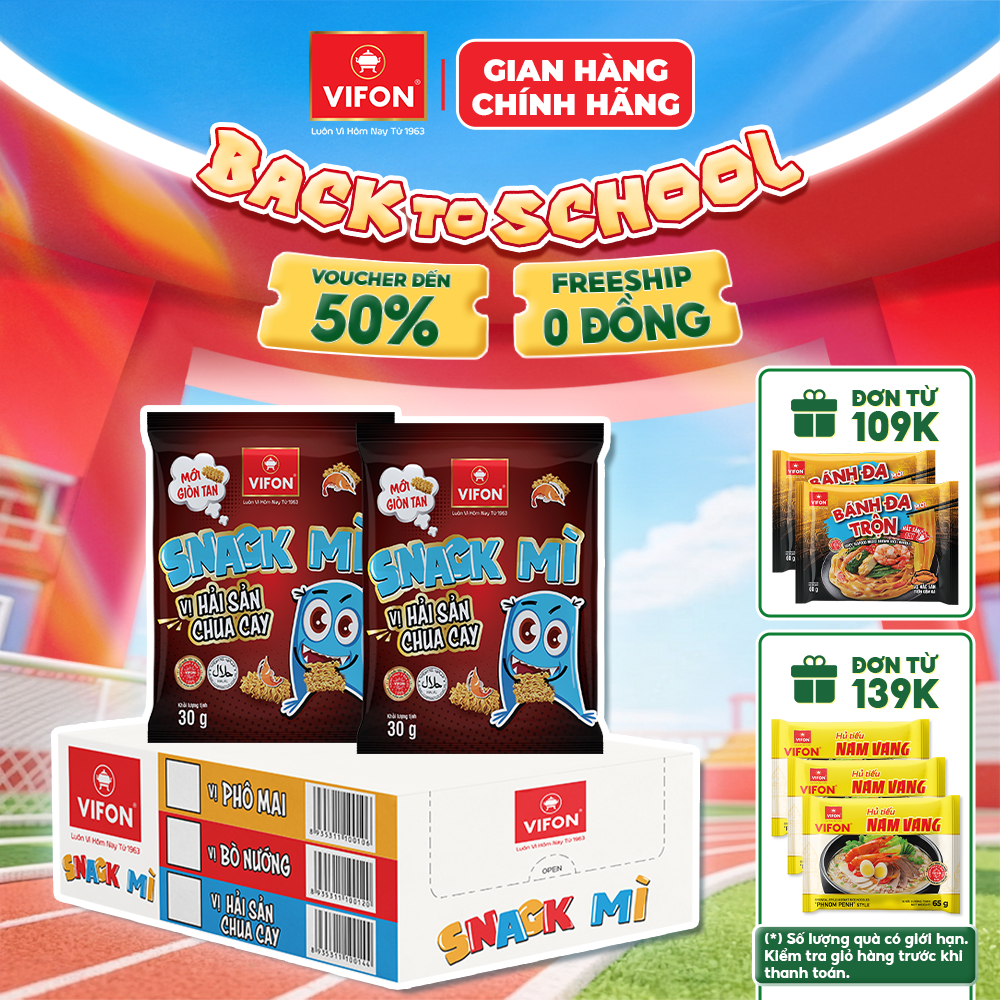 [VOUCHER HOT 10%] Thùng 24 gói Snack Mì Hải Sản/ Phô mai/ Bò nướng VIFON 30gr/ Gói