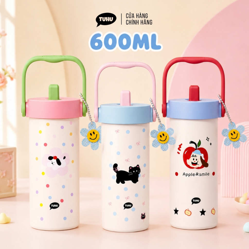 Ly giữ nhiệt LUNA 600ml có quai cầm, bình giữ nhiệt inox 316 dễ thương có móc khóa - TUHUHOUSE