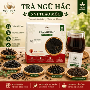 Trà Ngũ Hắc Thảo Mộc Hộp 30 Gói, Trà Đậu Đen Mè Đen Hắc Kỷ Tử Dâu Tằm, Dưỡng Tóc Chắc Khỏe, Thơm Bùi Dễ Uống