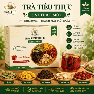Trà Tiêu Thực 5 Vị Thảo Mộc Hộp 30 Gói, Trà Hoa Cúc Atiso Hoa Hồng, Thanh Mát, Hỗ Trợ Tiêu Hóa, Dưỡng Nhan Đẹp Dáng