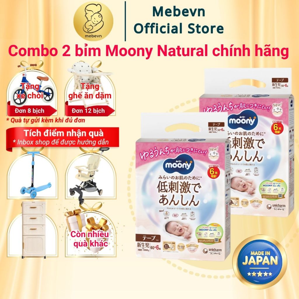 Combo 2 bỉm moony trắng, bỉm moony natural chính hãng Dán/Quần đủ size NB62/S58/M46/L36/XL32