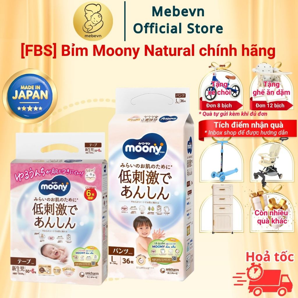 [FBS] Bỉm moony trắng, bỉm moony natural chính hãng Dán/Quần đủ size NB62/S58/M46/L36/XL32