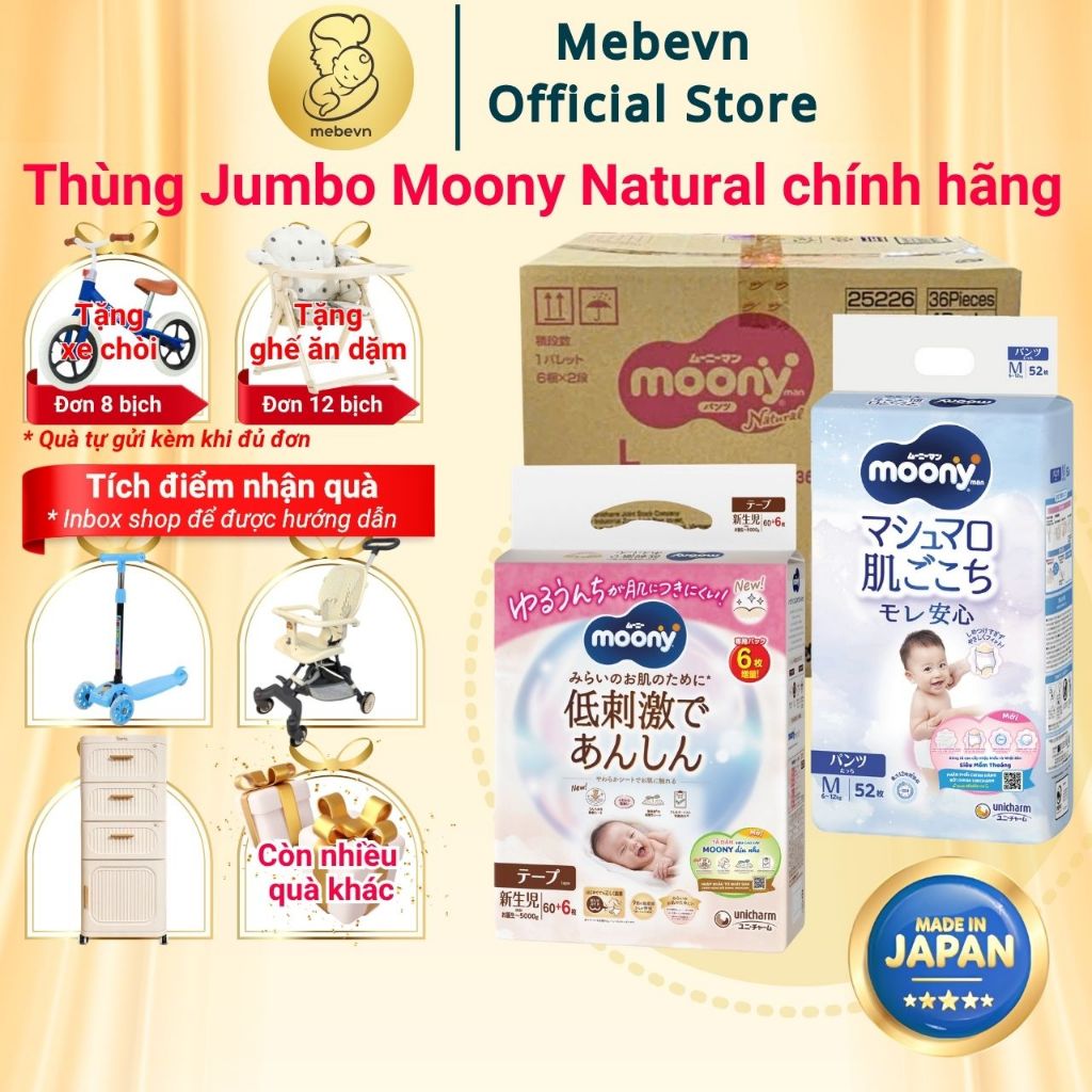 Thùng Jumbo bỉm moony trắng, bỉm moony natural chính hãng Dán/Quần đủ size NB62/S58/M46/L36/XL32