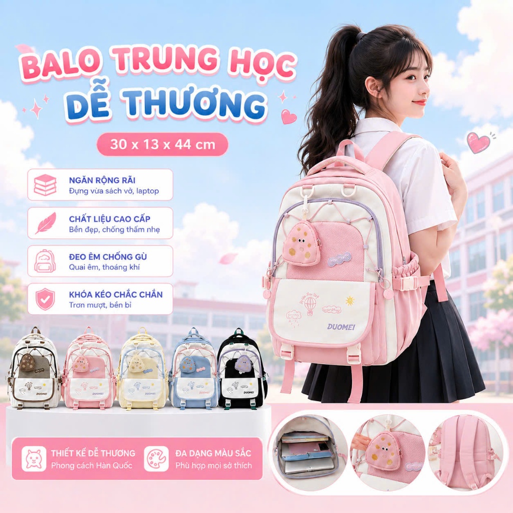 Balo Trung Học nữ Hàn Quốc, đựng sách vở laptop