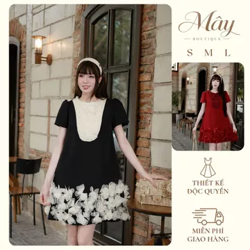 Váy suông nữ đính hoa nổi, đầm suông dáng rộng phối cổ tương phản, váy nữ xinh đi làm đi chơi dự tiệc MÂY M31